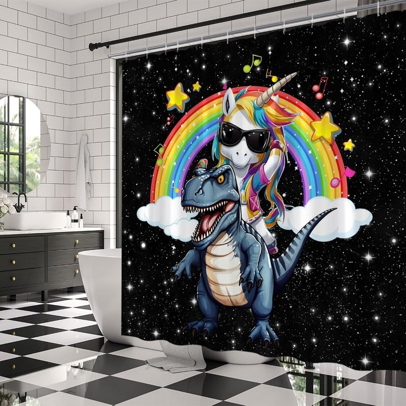 Funny Unicorn Riding Dinosaur Shower Curtain Cute Magic Fantasy Cartoon