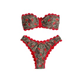 GORGLITTER Women's Cheetah Cherry Bikini Sets Strapless Bandeau Leopard Swimsuit Bathing Suits Brown Small