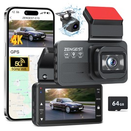 Dash Cam Front and Rear, 4K+1080P FHD Dual Dash Cam with ADAS, GPS, 5G WiFi & App Control, 64GB Card Included, G-Sensor, Night Vision, Loop Recording, 170°Wide Angle, WDR, 24H Parking Mode