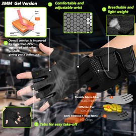 MOREOK Workout Gloves Padded Weight Lifting Gloves for Men/Women, [3MM Gel] Fingerless Grip Gym Gloves Fitness Gloves Black-XL
