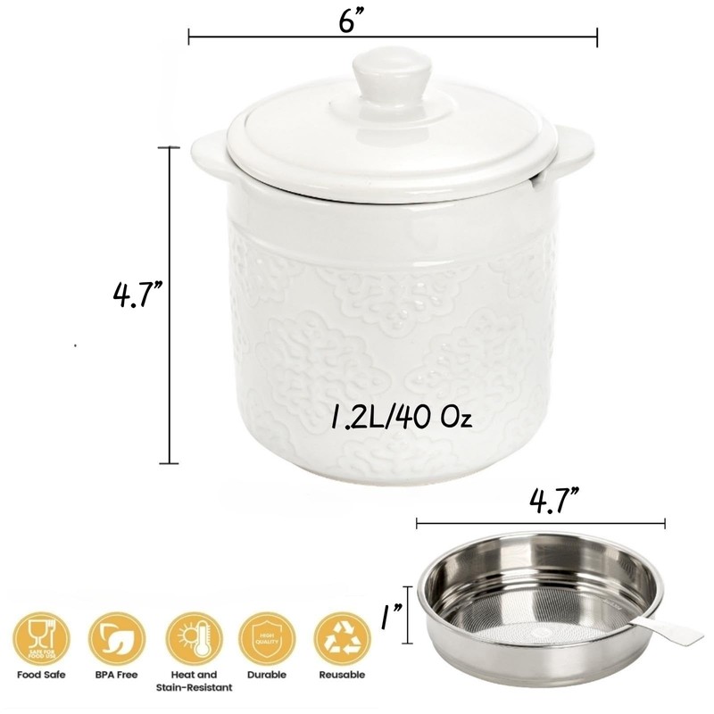 Lyellfe Ceramic Bacon Grease Container, 1.2L/40 Oz Oil Filter Pot