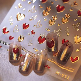 1 Sheets Valentines Nail Stickers for Nail Art Self Adhesive 5D Embossed Heart Nail Art Stickers Gold Red Heart Nail Decals Nail Design Stickers Valentine's Day Nail Supplies for Women Girl