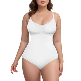 NEWMO Shapewear Bodysuit for Women, Tummy-Control Bodysuit with Adjustable Straps, Seamless Snatched Waist Body Shaper (White, XL)