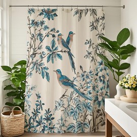 Pakena Vintage Blue and White Bird Shower Curtain Boho Flower Rustic Chinese 60x72 Inch Spring Retro Floral Shower Curtains Set for Bathroom Plant Leaves Botanical Unique Chinoiserie Bathroom Decor