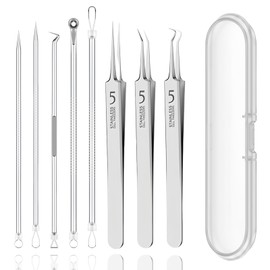 Blackhead Remover Tools Set - 5 Double-Ended Pimple Extractor & 3 Pore Tweezers with Plastic Storage Case | Professional Acne & Comedone Extractor Kit | Facial Skin Care Tools for Face & Nose