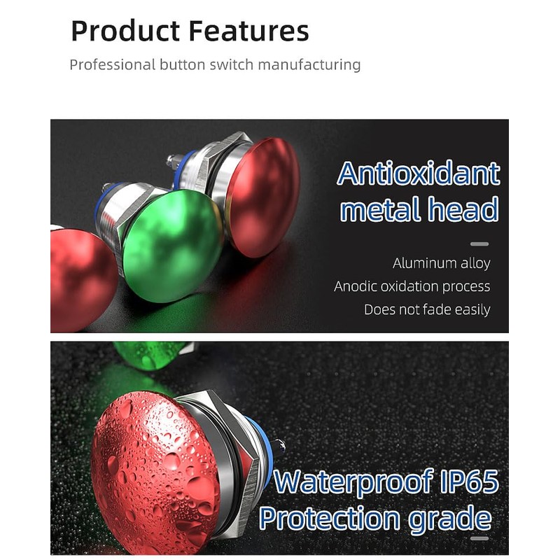 HBAN 16-22MM Mushroom Head Push Button Switch, Momentary Waterproof IP65