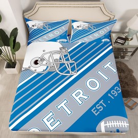 Erosebridal Sports Football Bed Sheets White and Sky Blue Rugby Helmet Bedding Set Queen, American Football City Themed Fitted Sheet Retro 3D Ball Game Sheets with 2 Pillowcases(Detroit)