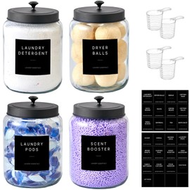 Glass Jars Laundry Containers with Lid, 0.5 Gallon Laundry Organization and Storage Jars, Laundry Detergent Container Laundry Powder Pods Holder, Glass Jar Wide Mouth with Scoops, Labels, 4 Pack