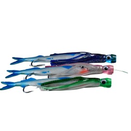 Eat My Tackle Ballyhoo Bomber Pro Pack, 3 Rigged Rubber Ballyhoo with Chugger Heads, 6/0 Hooks, 150 lb Leader