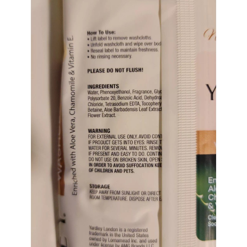 Yardley 5 pks 12X8 Yardley London body wipes 18ct. disposable