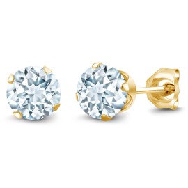 Gem Stone King 0.88 Ct Round Shape Sky Blue Aquamarine Yellow Gold Plated Silver Stud Earrings For Women Men