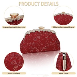 Clutch Purse for Women Lace Formal Evening Bag with Rhinestones for Wedding Prom Party Clutch Shoulder Cross Body Handbag (Red)