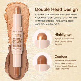USHAS 2pcs Concealer Stick and highlighter 2 in 1 Dual-Ended Contour Contouring Makeup Stick, Natural Coverage, Lightweight, Conceals, Buildable Color (03 (2pc), Pack of 1)