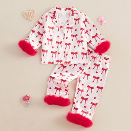 Toddler Baby Girl Pajamas Sets Ruffle Bow Print Plush Long Sleeve Tops with Pants Matching Lounge Set (Red, 6-12 Months)