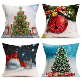 Fukeen Set of 4 Merry Christmas Decorative Pillow Covers Red Green Jingle Bells Xmas Tree Gifts Star Snow Throw Pillow Cases Winter Festival Holiday Farmhouse Decor Cushion Cover Cotton Linen 18"x18"