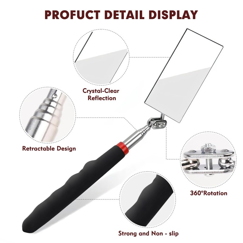 12-35 Inch Extendable Inspection Mirror, 360-Degree Rotation Inspection Mirror Telescoping,