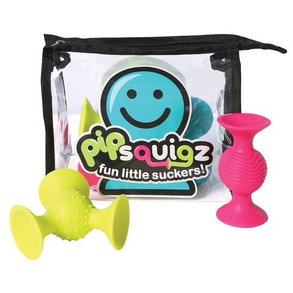 Fat Brain PipSquigz Bundle - 6 Piece Baby Rattle Suction Cup Toys, BPA-Free Sensory Toy Set with Storage Bag - Silicone Bath Toys