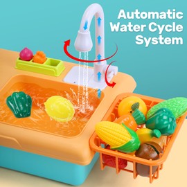 CUTE STONE Kids Pretend Play Sink with Running Water, Toddler Sink Toy with Upgraded Electric Faucet, Play Kitchen Accessories, Cooking Stove, Vegetable Garden Toys, STEM Learning Gift for Ages 3+