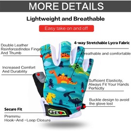 Kids Junior Cycling Gloves Fingerless Outdoor Sport Road Mountain Bike Monkey Bars, Fit Boy Girl Youth Age 2-10, Gel Padding Bicycle Half Finger Pair S M L XL (Dinosaur, XL)