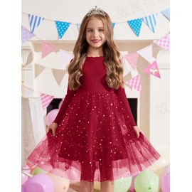 Arshiner Toddler Girl Tutu Dress Fall Winter Long Sleeve Star Sequin Party Tulle Red Christmas Dress
