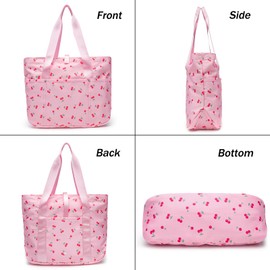 mcuvaec Foldable Floral Tote Bag for Women Nylon Travel Handbag with Zipper Cherry Print Purse Daily Commuter Bag for Work (cherry pink)