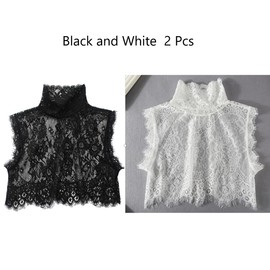 Lace Floral High Neck Turtleneck Fake Collar Sleeve Pullover Underwear Collar (Black+White 2 Pcs)