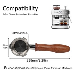CAPFEI 58mm bottomless portafilter with 3 Ears Compatible with CASABREWS/Gevi 58mm Espresso Machines | with Stainless Steel Filter Basket and Wooden Handle