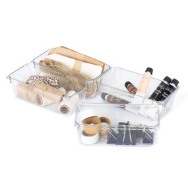 LIVIVO Drawer Desk Organiser Made From Clear Plastic Storage Box Divider For Makeup Stationary Utensils Tools in the Office Home Kitchen Garage Bedroom (4pc Medium)