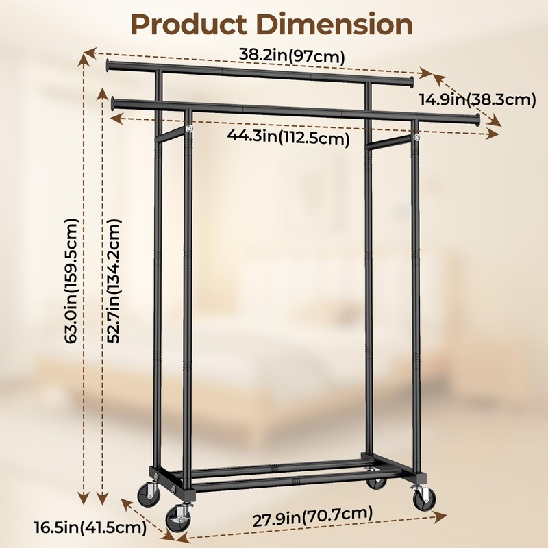 HYSEYY Double Rods Clothes Rack, Rolling Clothing Rack for Hanging