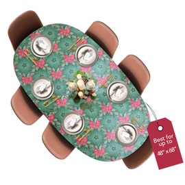 Covers For The Home Deluxe Elastic Edged Flannel Backed Vinyl Fitted Table Cover - Holly Pattern - Round Oblong Oval - Fits Tables up to 48" W x 68" L