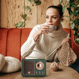 QUEQIMU Retro Bluetooth Speaker, Wireless Radio Vintage Speaker Indoor Outdoor Portable Small Bluetooth Speaker Support USB/TF Card/AUX Speaker (Dark Green)