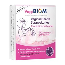 VagiBiom Probioitc Supositorio Práctico paquete de viaje con 2 supositorios y 2 toallitas femeninas: equilibrio de flora microbioma. Régimen de contro