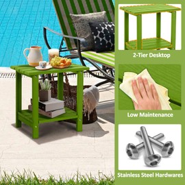 LOENIY 2 Tier Outdoor Side Table with Wood-Like Grain, 16.6" HDPE Adirondack Table Patio Side Table, Weather Resistant End Table for Pool, Patio & Porch, Small Outdoor Table (Lime, Rectangle)