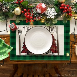 Artoid Mode Waterclor Green Buffalo Plaid Christmas Trees Placemats Set of 4, 12x18 Inch Winter Table Mats for Outdoor Home Party Kitchen Dining Decor