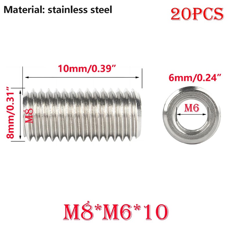 Qrity 20 Pcs Thread Inserts, Threaded Sleeves, M8 x 10mm