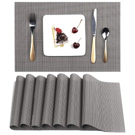 Myir JUN Table Mats Set of 8, Place Mats Table Placemats Washable Non-slip Heat Insulation Woven Vinyl for Kitchen Dinning Restaurant 18"X12" (Dark Gray)