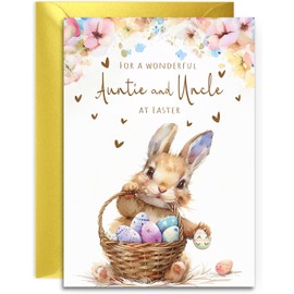 Auntie and Uncle Easter Card - Bunny with Easter Eggs Design - A5 Size with Gold Envelope