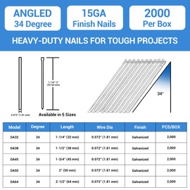 meite 15 Gauge Angled Finish Nails, 1-1/2-Inch 34 Degree DA Series Galvanized Finishing Nails for Nailer Guns - Perfect for Window Trim, Cabinet Building and Other DIY Projects (2,000 Counts)