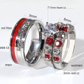 ringheart 2 His and Hers Ring Couple Rings White Gold Plated Heart cut Cz Womens Wedding Ring Sets Red Titanium Steel Mens Wedding Bands