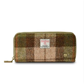 Islander HarrisTweed & PU Leather women’s long zip purse, Chestnut Tartan, Carry Cash & card, Scottish Style