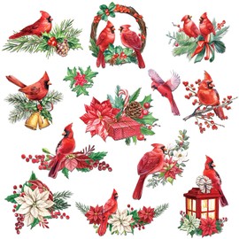 AnyDesign 12Pcs Christmas Refrigerator Magnets Cardinal Holly Decorative Fridge Magnetic Stickers Xmas Theme Garage Magnet for Indoor Outdoor Car Metal Door Decor