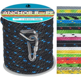 Anchor Rope 50 Ft 3/8 in, Premium Solid MFP Braid Anchor Line with Heavy Duty 316 Stainless Steel Thimble & Snap Hook, Boat Anchor Rope Marine Rope for Anchor and Boat - Black & Lake Blue
