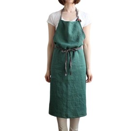 umeluck Apron, Linen, Cafe Style, Adjustable Hip Length, Simple with Pockets, Home Apron (Dark Green)