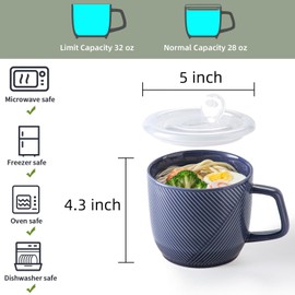Adewnest Ceramic Soup Bowl with Lid & Handle: 32 oz Microwave Safe Food Container for Ramen Noodles Cereal Leftovers - Extra Large Mugs for Breakfast Lunch Picnic Camping - Navy, Set of 1