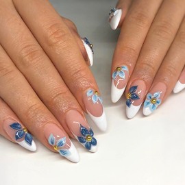 24Pcs French Tip Press on Nails Medium Almond Fake Nails with 3D Blue Flower Design Summer French Nails Acrylic False Nails Artificial Glue on Nails Glossy Full Cover Stick on Nails for Women