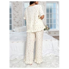 OYOANGLE Women's Plus Size Pajama Set Floral Short Sleeve Sleepwear Ruffle Pants 2 Piece Pjs Lounge Set Apricot 4XL