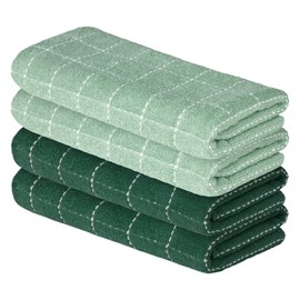 Artoid Mode Checkered Designed Cotton Dark Green Terry Kitchen Dish Towels, 15x25 Inch Soft Absorbent Quick Drying Cleaning Tea Towels Set of 4