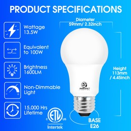 E ENERGETIC LIGHTING LED Light Bulbs 100 Watt Equivalent, Warm White 3000K, 1600LM Super Bright, Non-Dimmable A19 LED Light Bulbs, E26 Standard Base, ETL Listed, 6 Packs