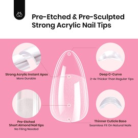 beetles Gel Polish Beetles Tipex Instant Apex Nail Tips Kit, Almond Short 224Pcs 16 Sizes Pre-Building & Pre-Etched Gel Nail Tips Thicker Acrylic Nails False Nail Extension with Uv Nail Glue Nail Lamp for Flat Nails