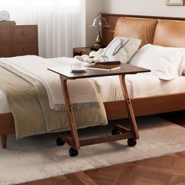 FLYJOE TV Tray Table with Casters, Solid Rubberwood End Tables, Sofa Side Table Couch Table Laptop Desk Removable Snack Tray for Coffee Bed Sofa Eating Writing Reading Living Room Bedroom, Dark Walnut